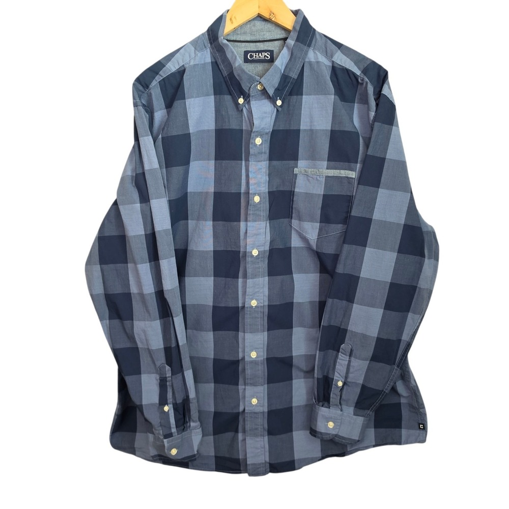 Chaps Shirt Mens XXL‎ 2XL Blue Check Button Down Long Sleeve Cotton Casual